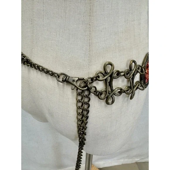 Medallion Chain Concho Belt Womens OS Red Faux Coral Antique Brass Boho Style - Picture 11 of 14